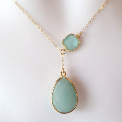 Mint Green and Gold Glass Stone Framed Lariat Necklace