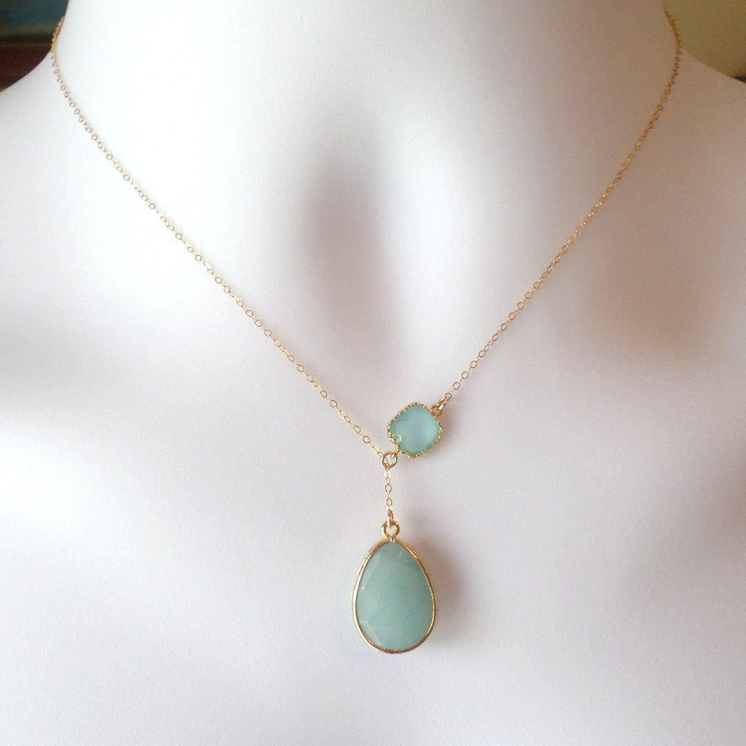 Mint Green and Gold Glass Stone Framed Lariat Necklace