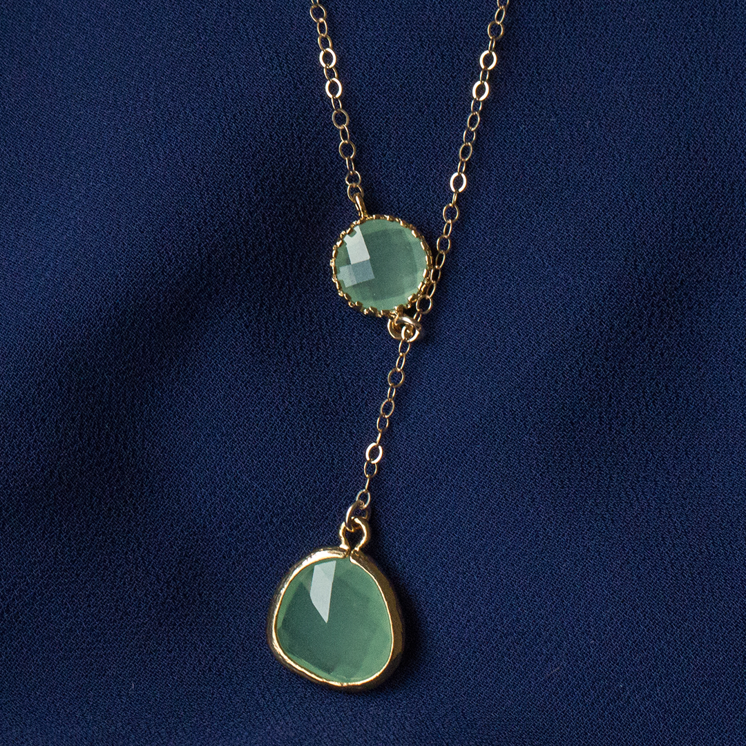 Mint Green and Gold Glass Stone Framed Lariat Necklace